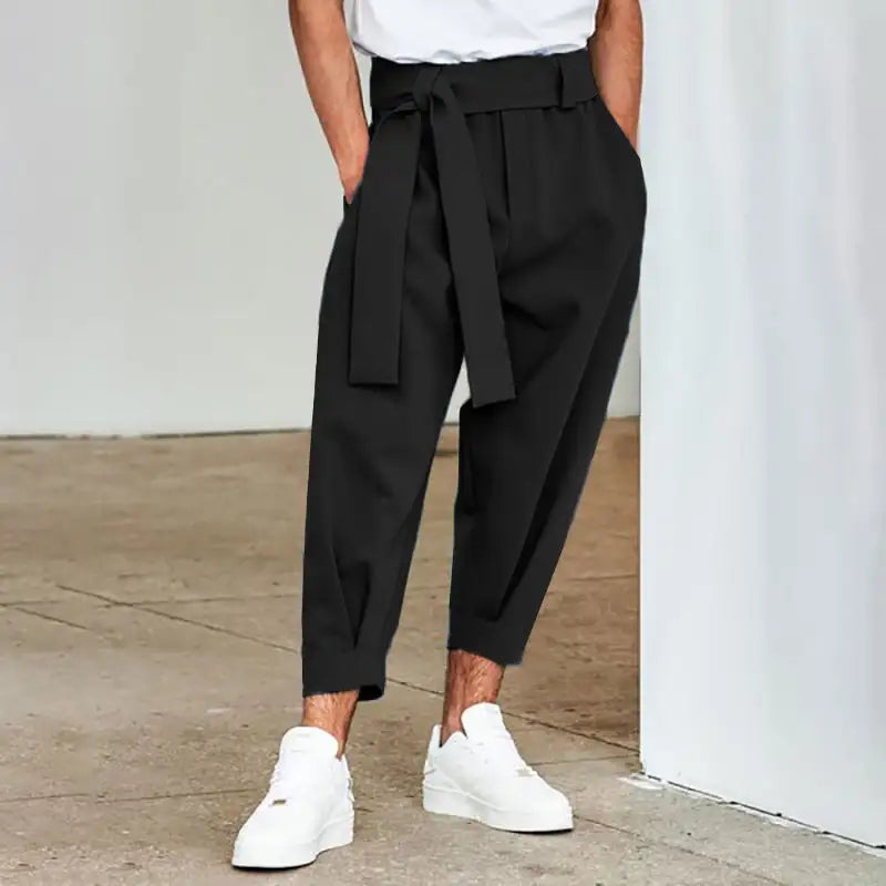 Men's Loose Solid Color Cropped Pants Belt Decoration European And American