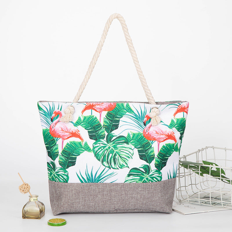 large capacity hemp rope linen ink printing shopping bag beach bag red-crowned crane shoulder seaside handbag women hobo - SJB-DIAMOND ELITES