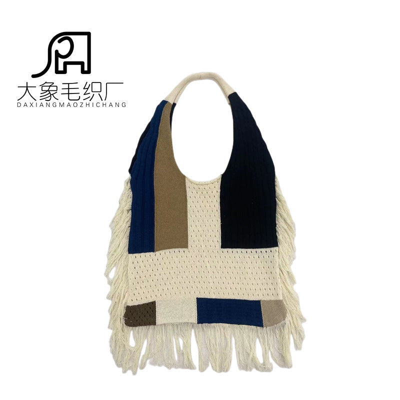 Tassel bag women, splicing knitted shoulder bag, simple and versatile retro knitted bag hobo - SJB-DIAMOND ELITES
