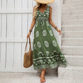 New Holiday Printed Green Ethnic Style Casual V-neck High Waist Dress For Women Lootquake LLC