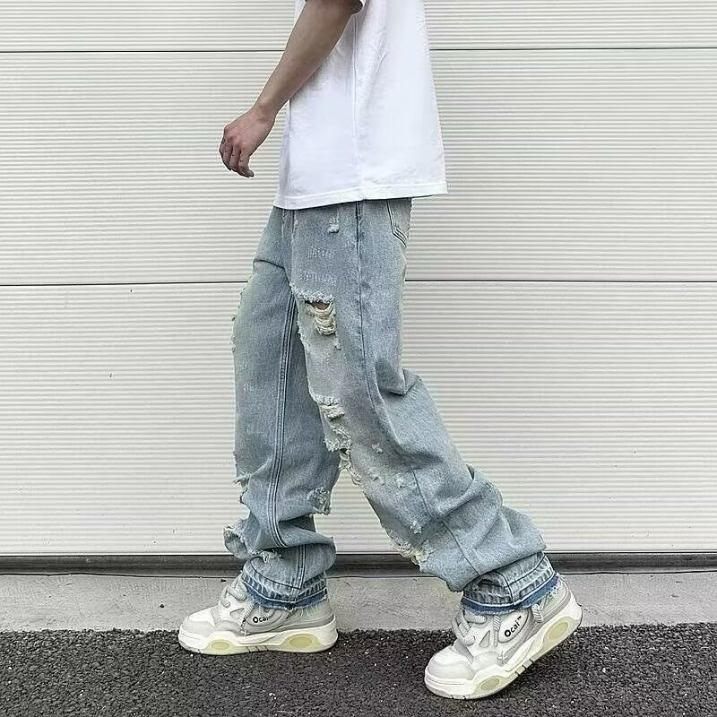 Water Washed Hole Retro Street Wide Leg Jeans Lootquake LLC