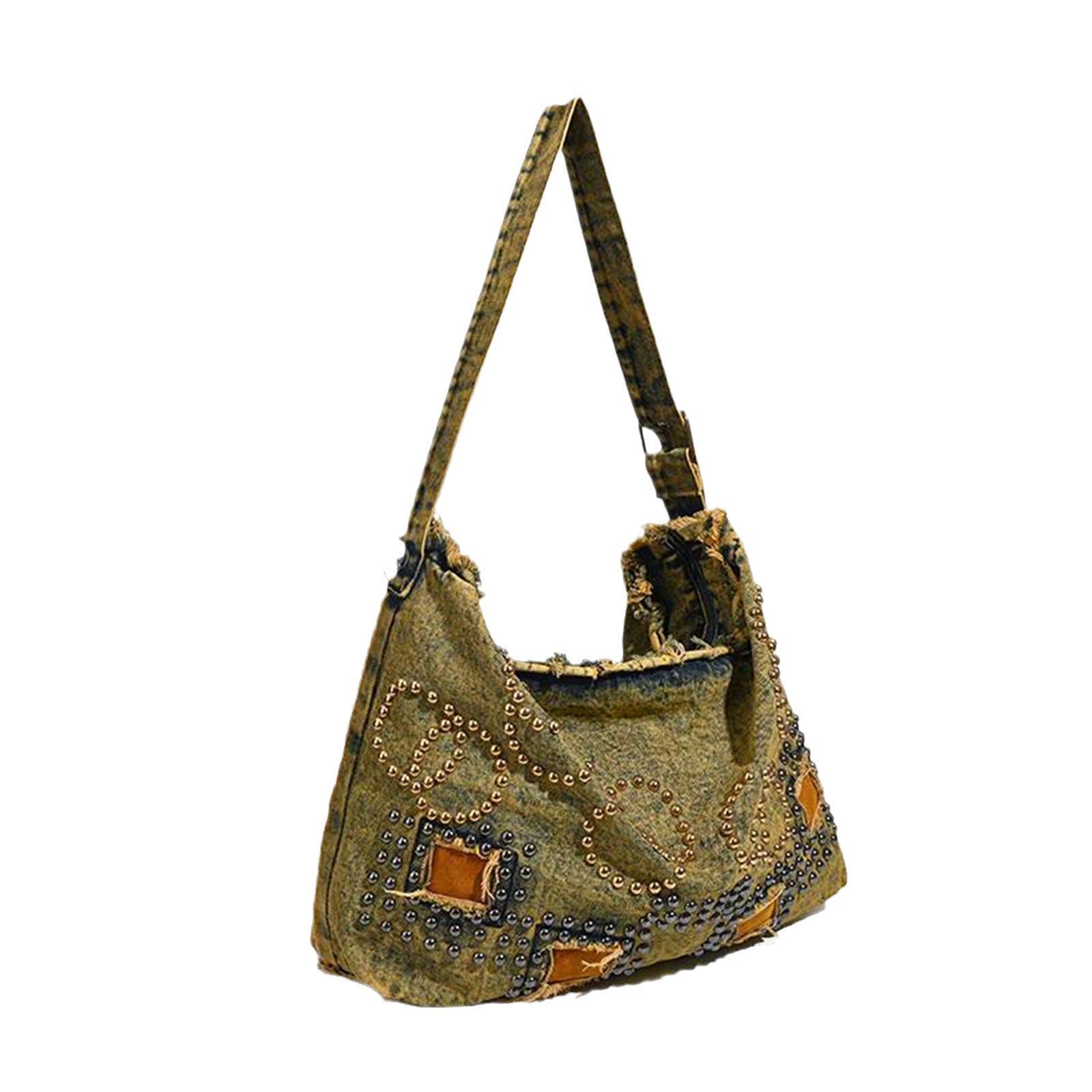 Large capacity hobo shoulder tote bag, retro denim bag, stylish crossbody bag, rivet design shoulder bag - SJB-DIAMOND ELITES