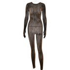 Sexy perspective summer perspective onesie fashion seamless striped jacquard one-piece long-sleeved one-piece trousers