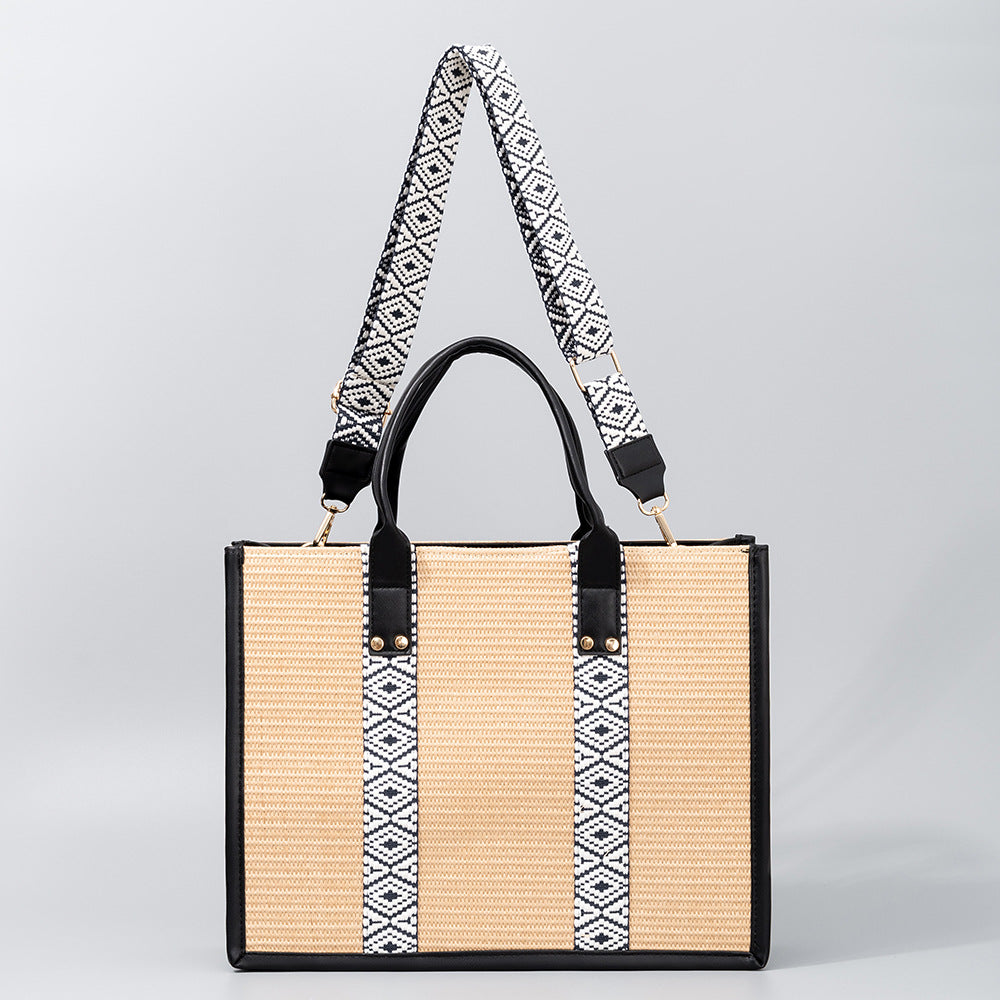 Straw tote bag, seaside vacation tote bag, large capacity beach bag, handbag contrasting color crossbody shoulder bag women with guitar belt - SJB-DIAMOND ELITES