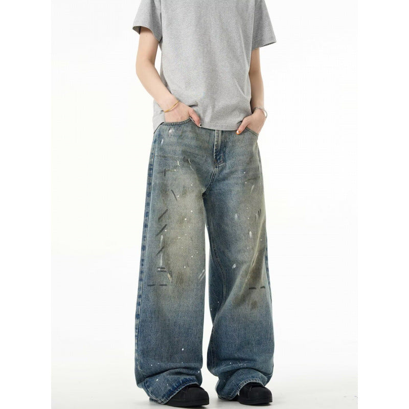 Splash-ink Jeans Men's Retro Washed Distressed Baggy Straight Trousers Lootquake LLC