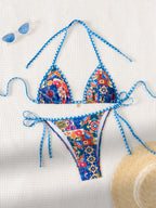 Contrasting Print Strap Sexy Bikini Split Swimsuit Batwing Short Sleeve Shirt W Plants Print