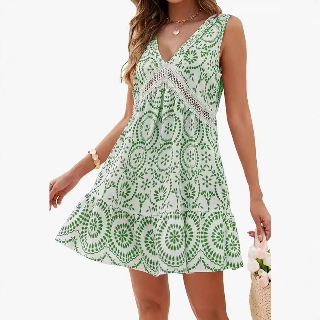 Women's Elegant Printed Hollow Lace V-neck Sleeveless Dress Lootquake LLC