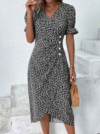 Slim-fit Women's Geometric Collage Bubble Sleeves Irregular hem Dress Sub Female Split Dress Summer Floral dress