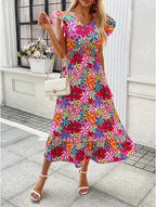 Summer seaside vacation fashion floral print sleeveless dress