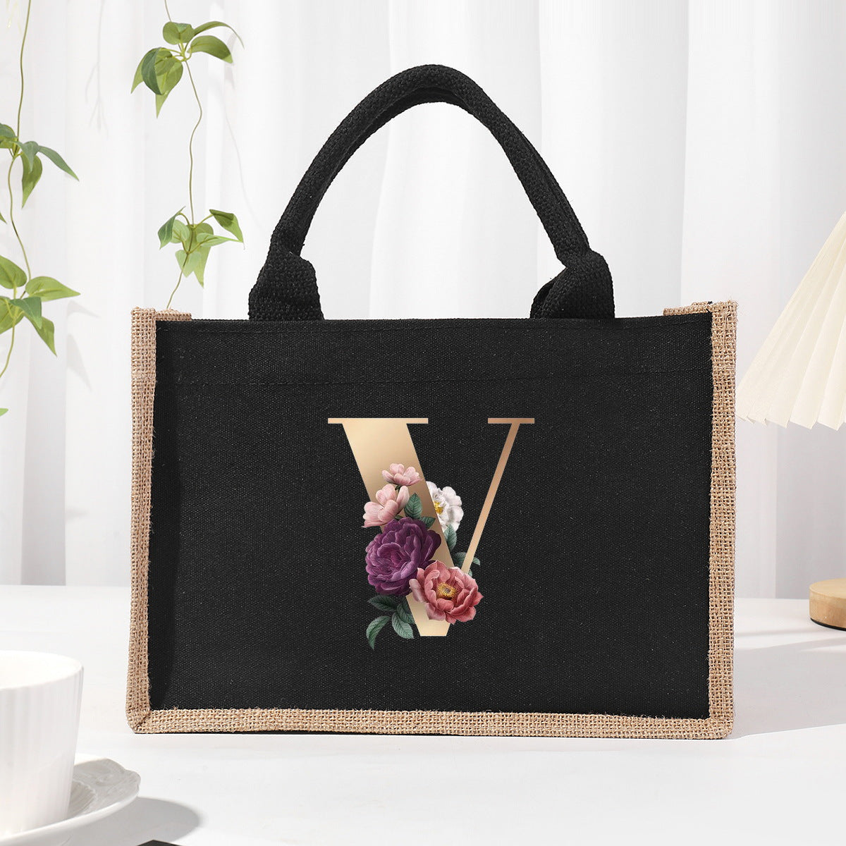 Cotton and linen canvas tote bag, printed letter tote bag, portable light handbag, gift shopping bag - SJB-DIAMOND ELITES