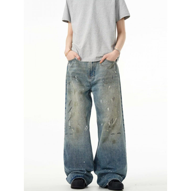 Splash-ink Jeans Men's Retro Washed Distressed Baggy Straight Trousers Lootquake LLC