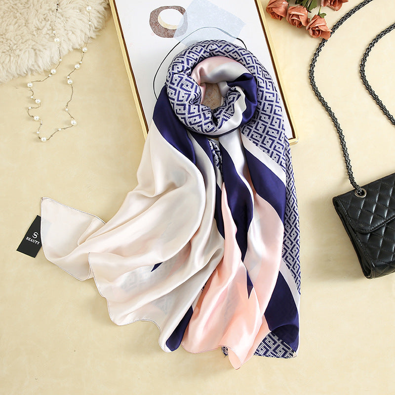 Vegan Silk scarf female classic wild houndstooth print long scarf holiday literary beach towel shawl SHOMICOBOUTIQUE
