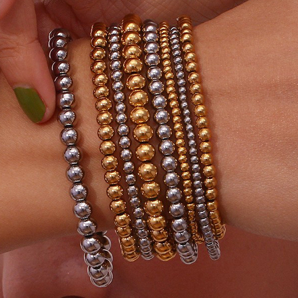 Niche Vintage Stainless Steel Plated 18K Elastic Bead Bracelet Pi-Mart