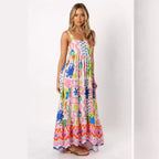 Printed shrinkage pleated splicing long suspender dress positioning flower pendulum skirt