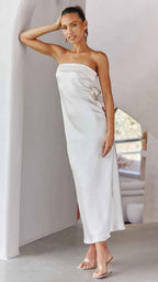 Satin Halter Backless Slit Midi Dress - Print High Neck Elastic Waist Wedding Guest Dress