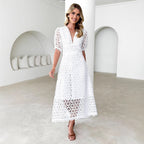 Dress skirt V-neck sexy waist solid color lace hollow dress