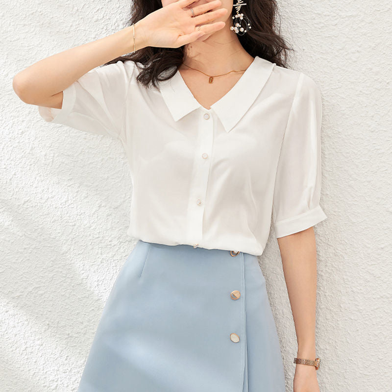 Chiffon Shirt for Women Summer Loose Collar Formal Wear White Shirt  SK08210503 - SJB-DIAMOND ELITES