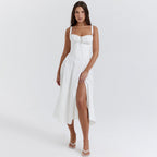 Sleeveless Strapless Bandage Corset Dress - Floral Print Long Midi Dress with Lace Up Back & Thigh Slit