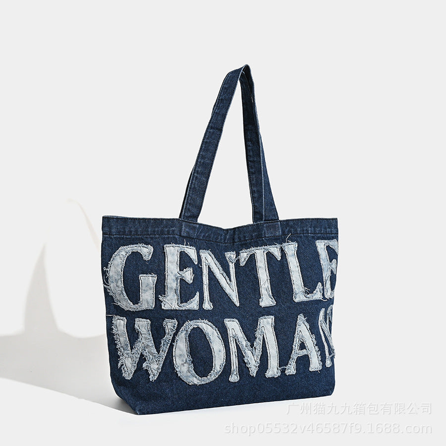 Large capacity shoulder canvas bag, retro denim tote bag big, handheld letter sticker cloth bag, tote bag large - SJB-DIAMOND ELITES