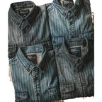 Vintage Vertical Stripes Denim Shirt Workwear Washed Old Long Sleeve Men