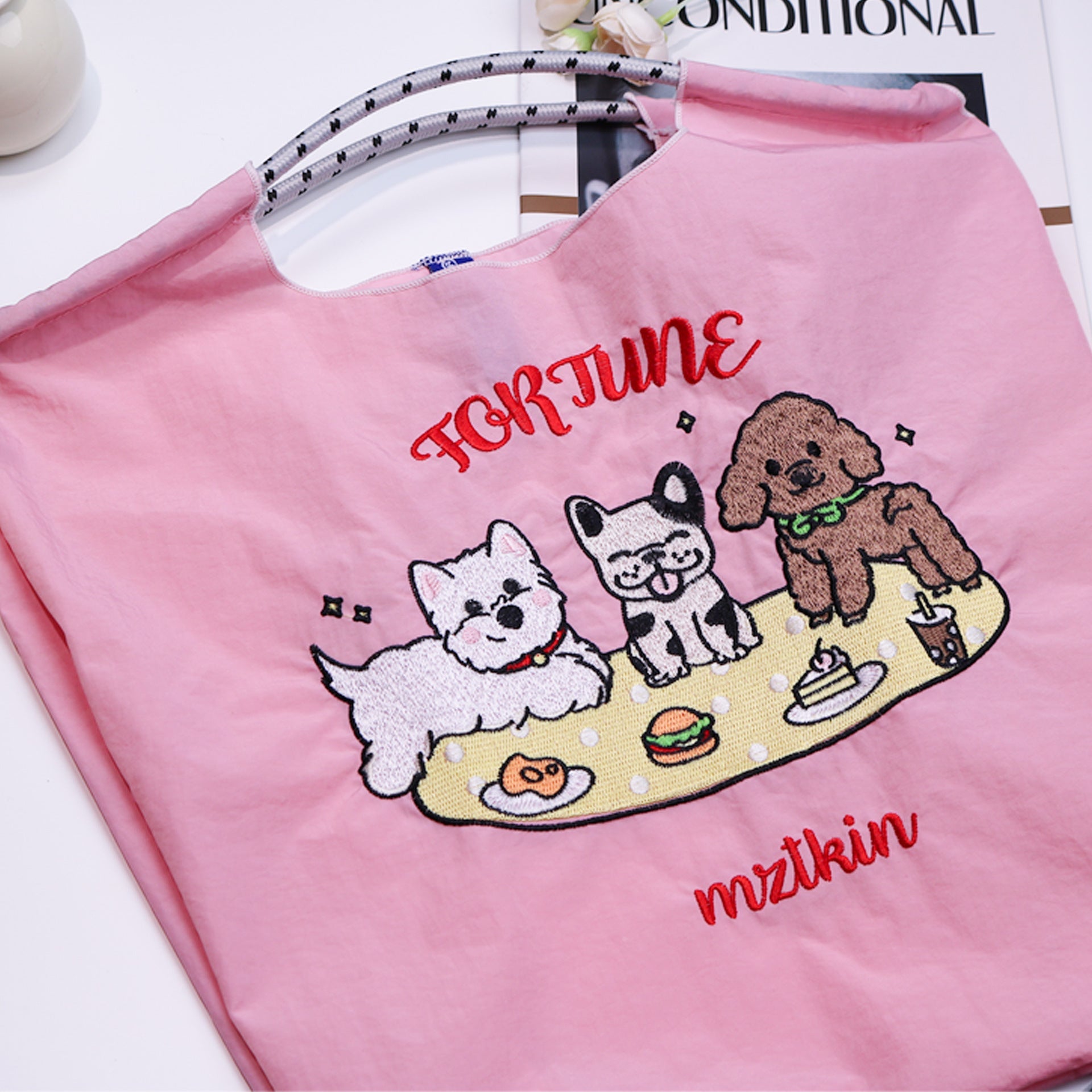 Cartoon embroidered shopping bag doggy pattern, nylon tote bag, fashion commuter large capacity shoulder bag - SJB-DIAMOND ELITES