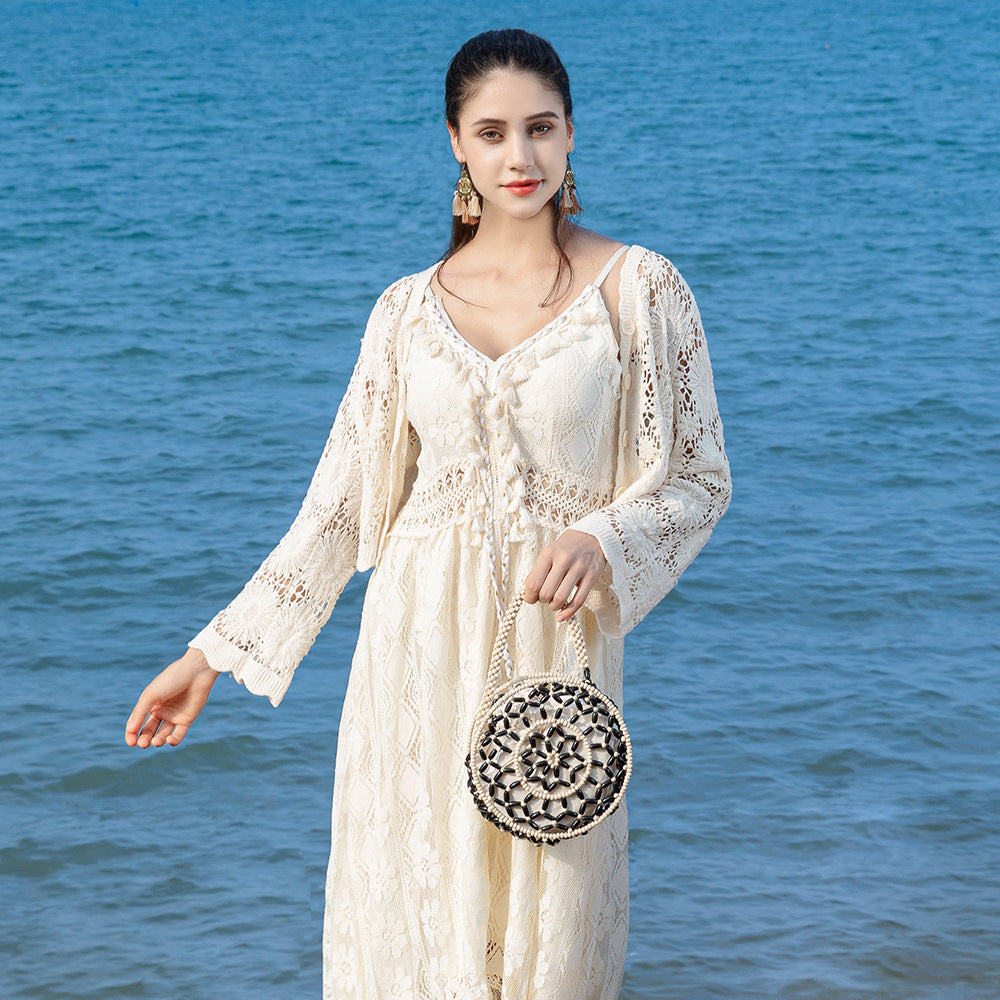 Small round wooden bead bag, hand-woven bag, women's seaside vacation beach bag, beaded small handbag - SJB-DIAMOND ELITES