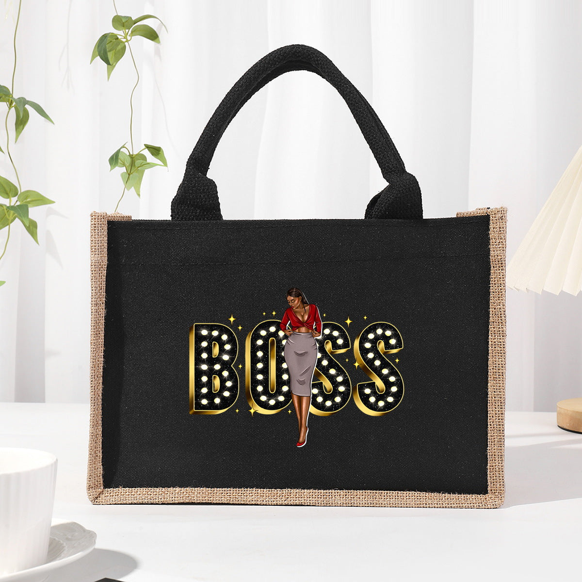 Cotton and linen canvas tote bag, printed letter tote bag, portable light handbag, gift shopping bag - SJB-DIAMOND ELITES