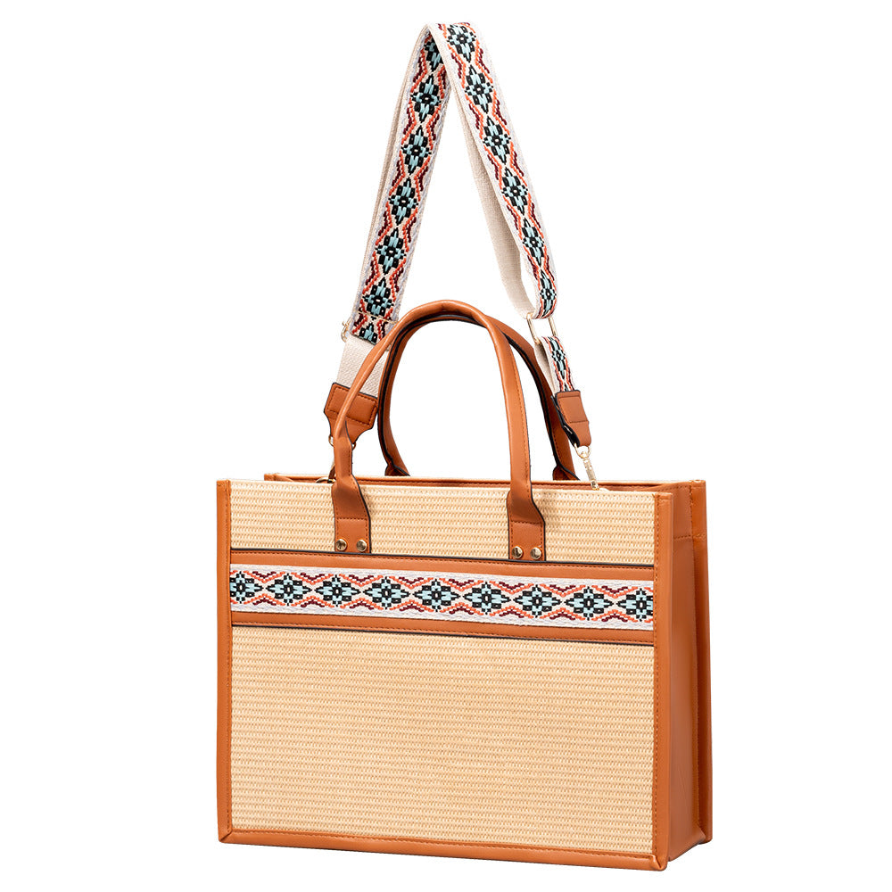 Straw tote bag, seaside vacation tote bag, large capacity beach bag, handbag contrasting color crossbody shoulder bag women with guitar belt - SJB-DIAMOND ELITES