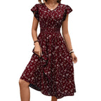 Fashion Elegant Women's V-neck Belted Ruffle Sleeve Print Dress Lootquake LLC