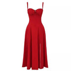 Sleeveless Strapless Bandage Corset Dress - Floral Print Long Midi Dress with Lace Up Back & Thigh Slit