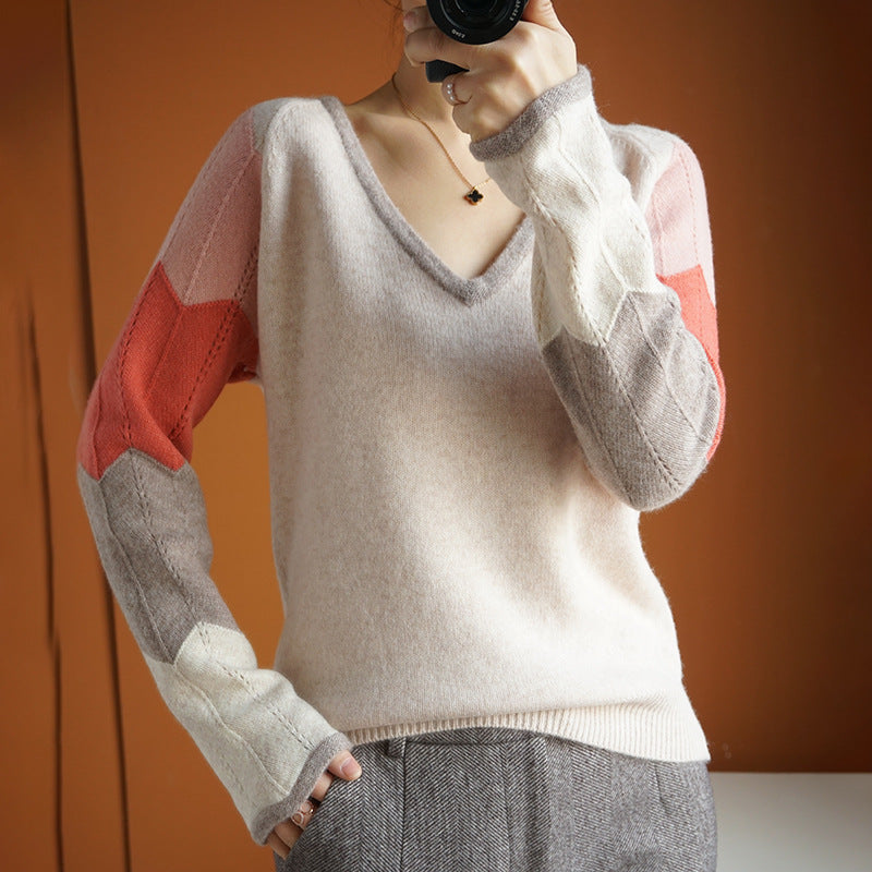 Contrast Color Woolen Sweater Women V-neck Pullover Patchwork Color Thermal Knitting Sweater Women Pi-Mart