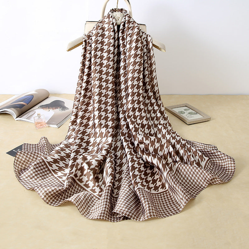 Vegan Silk scarf female classic wild houndstooth print long scarf holiday literary beach towel shawl SHOMICOBOUTIQUE