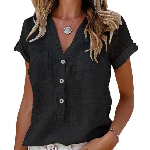 Solid Color Button Fashion Short Sleeve Lootquake LLC
