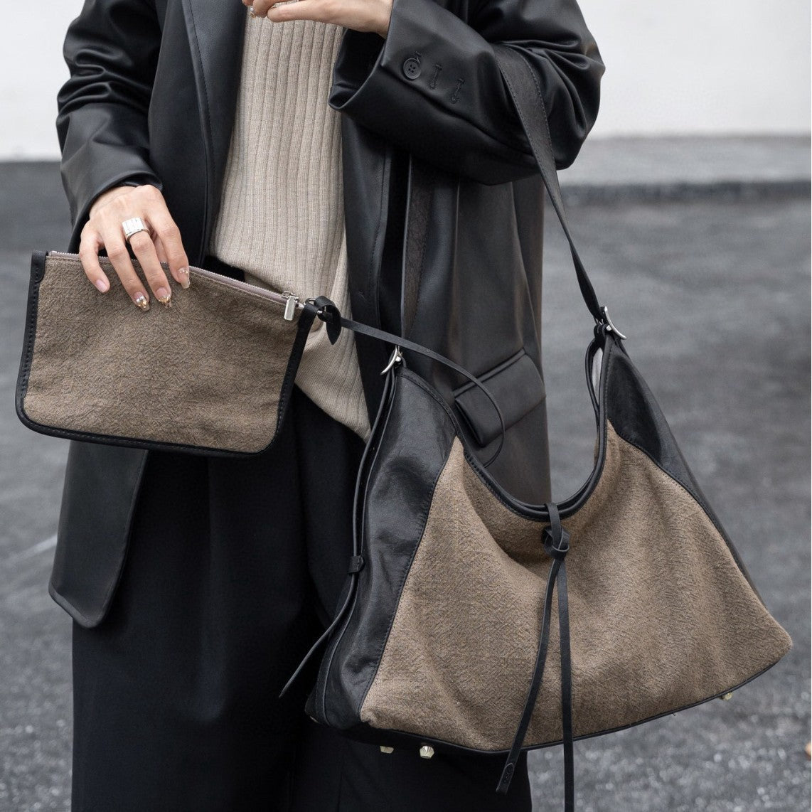 Linen Splicing Vegetable Tanned Cowhide Bag, Large Capacity Casual Bucket Bag, Underarm Shoulder Tote Bag, Hobo Bag for Women - SJB-DIAMOND ELITES