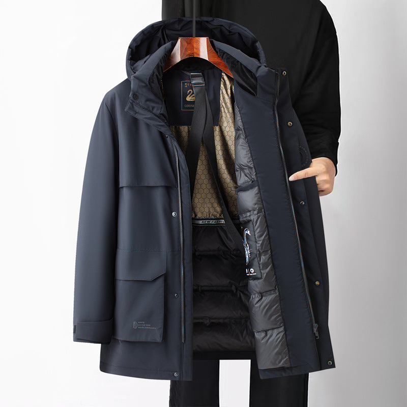 Men's Mid-Length Down Jacket - Lightweight Warm Winter Coat in Black & Navy (White Goose Feather Filled)