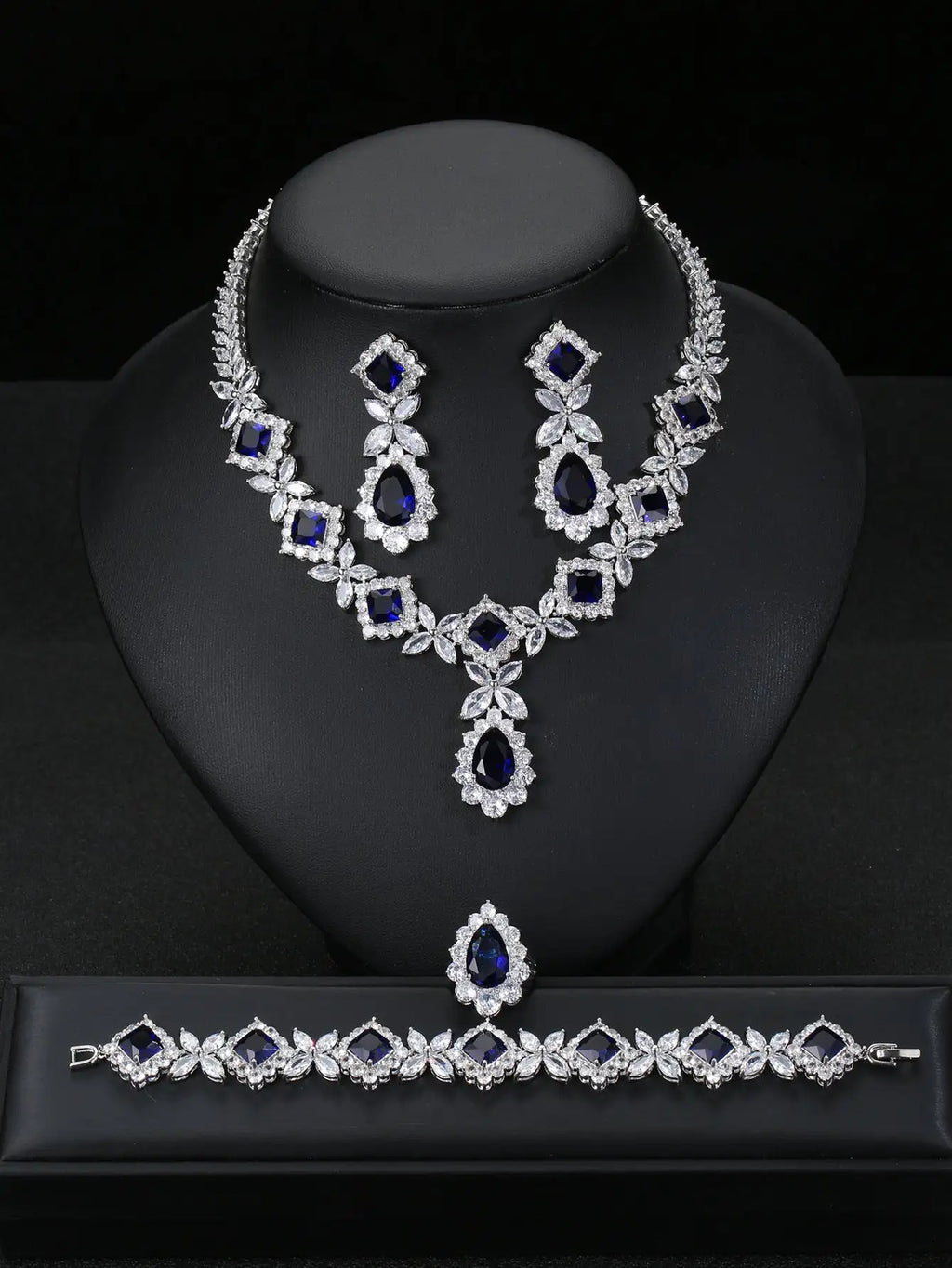 European And American Luxury Zircon Necklace Earring Bracelet Ring Suit