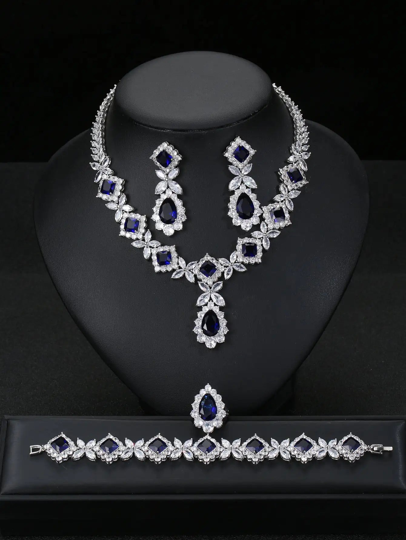 European And American Luxury Zircon Necklace Earring Bracelet Ring Suit