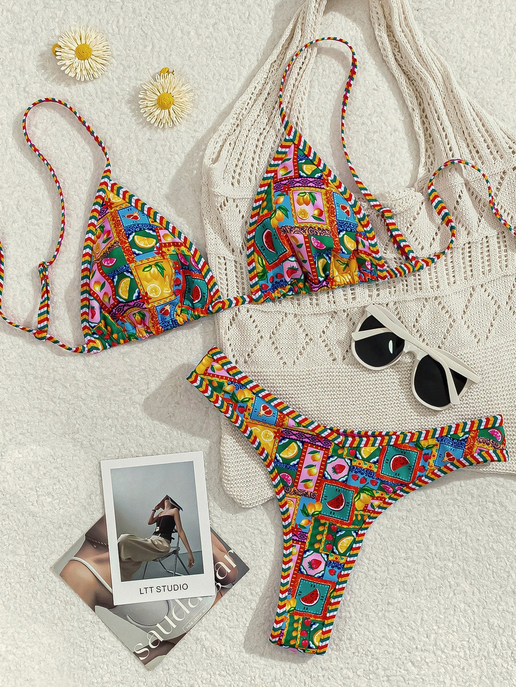 Contrasting Print Strap Sexy Bikini Split Swimsuit Batwing Short Sleeve Shirt W Plants Print
