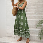 New Holiday Printed Green Ethnic Style Casual V-neck High Waist Dress For Women Lootquake LLC