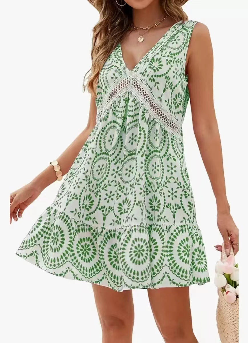 Women's Elegant Printed Hollow Lace V-neck Sleeveless Dress Lootquake LLC