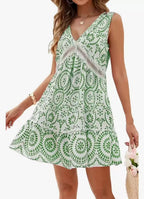 Women's Elegant Printed Hollow Lace V-neck Sleeveless Dress Lootquake LLC