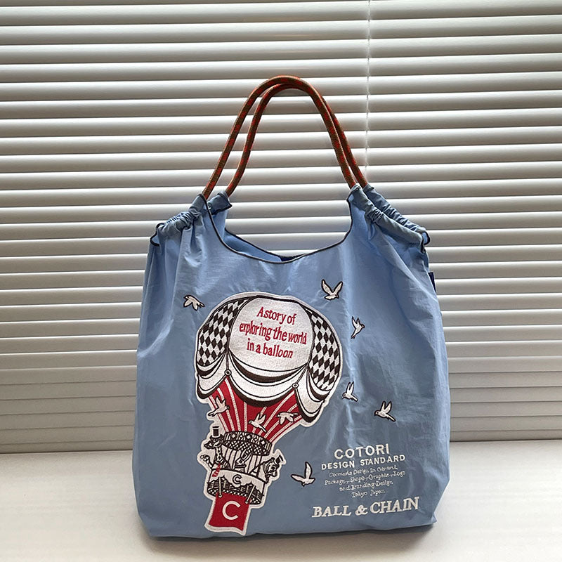 Simple hot air balloon pattern tote bag, embroidered eco-friendly cloth bag for women, nylon portable shoulder bag - SJB-DIAMOND ELITES