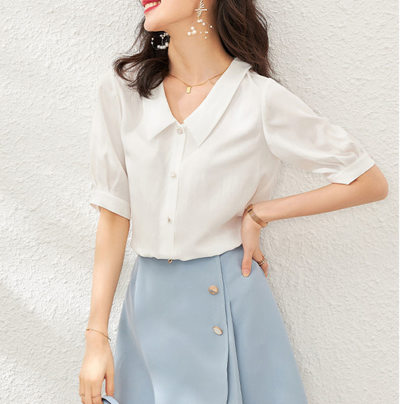 Chiffon Shirt for Women Summer Loose Collar Formal Wear White Shirt  SK08210503 - SJB-DIAMOND ELITES