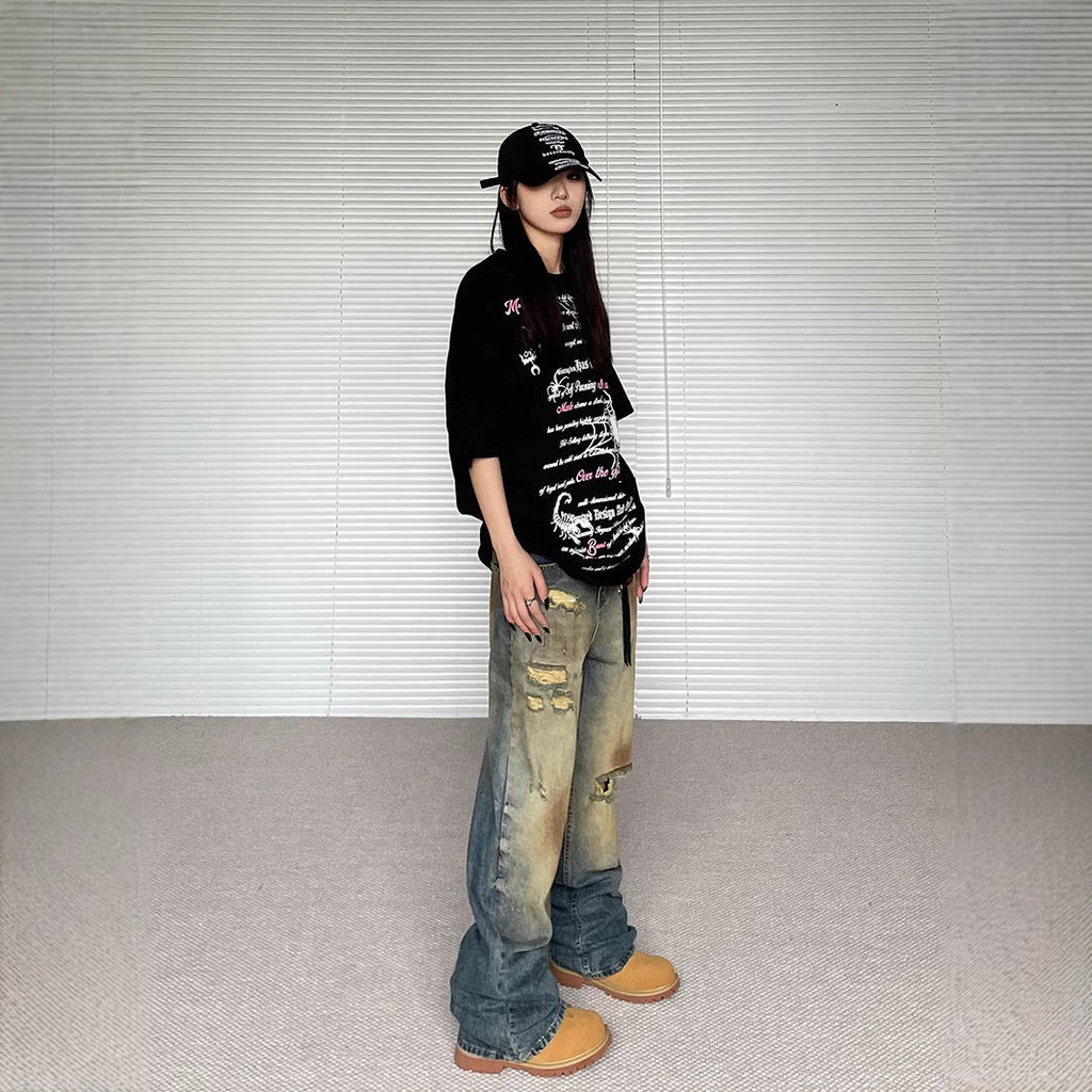Niche Make Old Ripped Denim Fashion Brand Loose Straight Wide Leg Smart Trousers Lootquake LLC