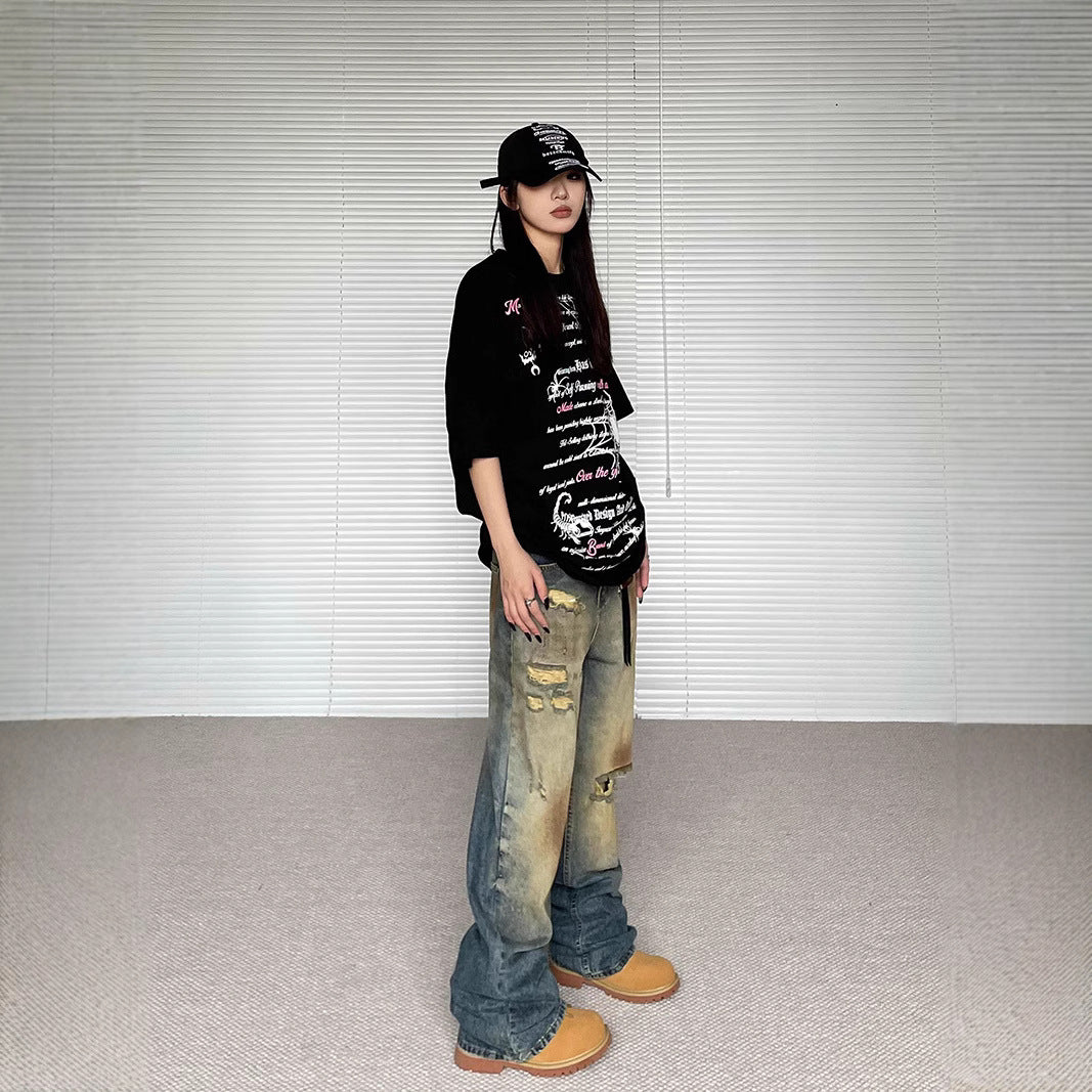 Niche Make Old Ripped Denim Fashion Brand Loose Straight Wide Leg Smart Trousers Lootquake LLC
