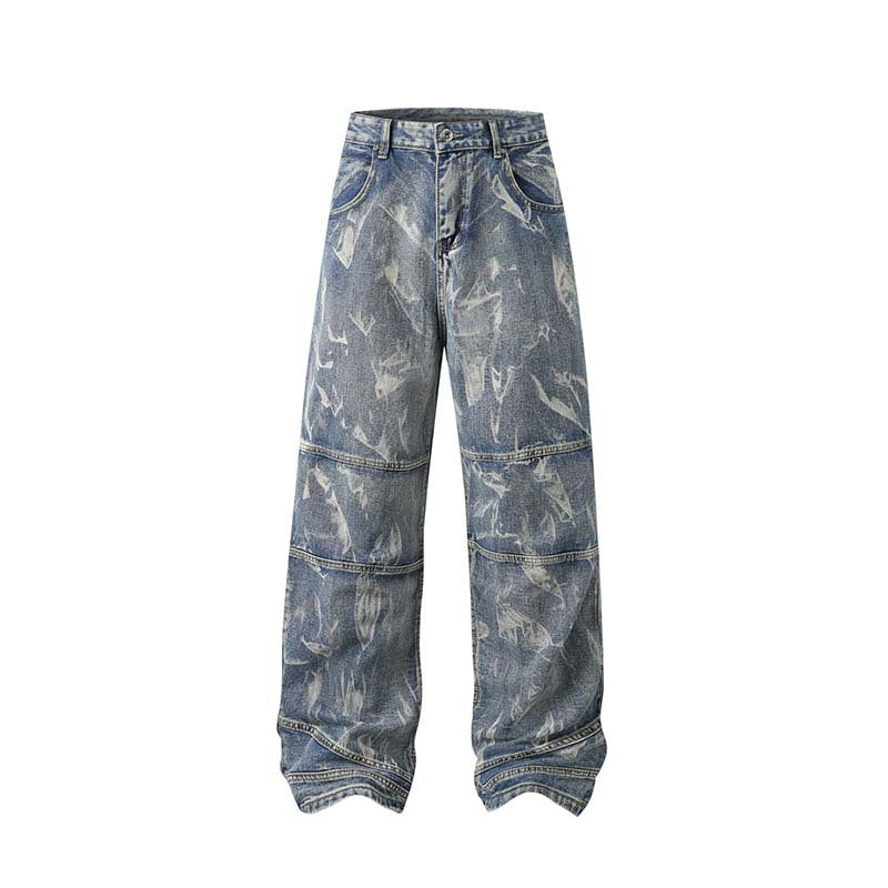 Street Fashion Hip Hop Inkjet Washed Distressed Stitching Straight Jeans Lootquake LLC