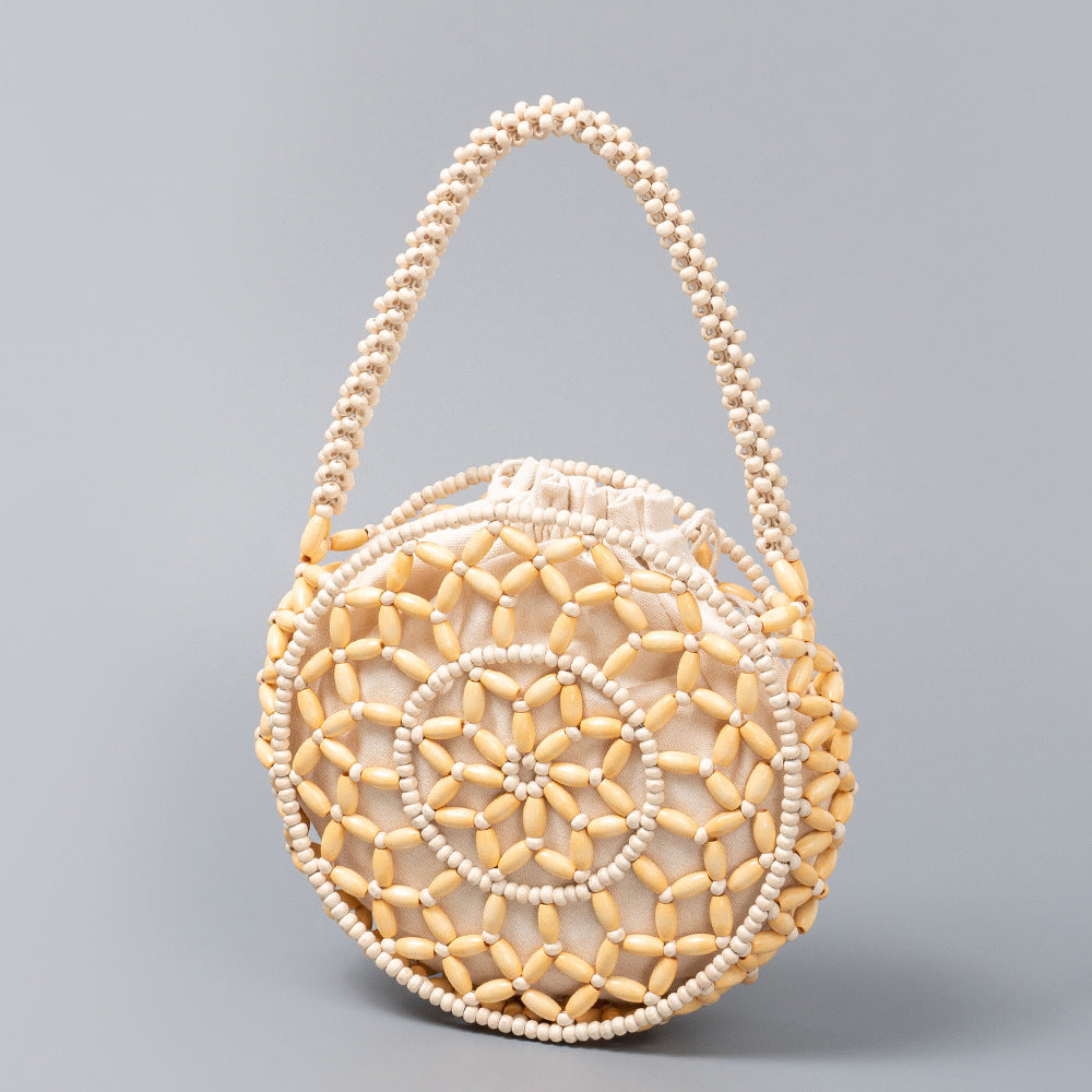 Small round wooden bead bag, hand-woven bag, women's seaside vacation beach bag, beaded small handbag - SJB-DIAMOND ELITES