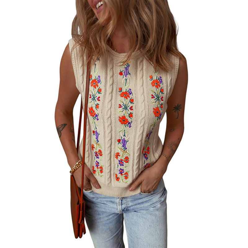Fashion Floral Embroidered Knitted Vest For Women New Niche Retro Outerwear Sleeveless Top For Women Lootquake LLC