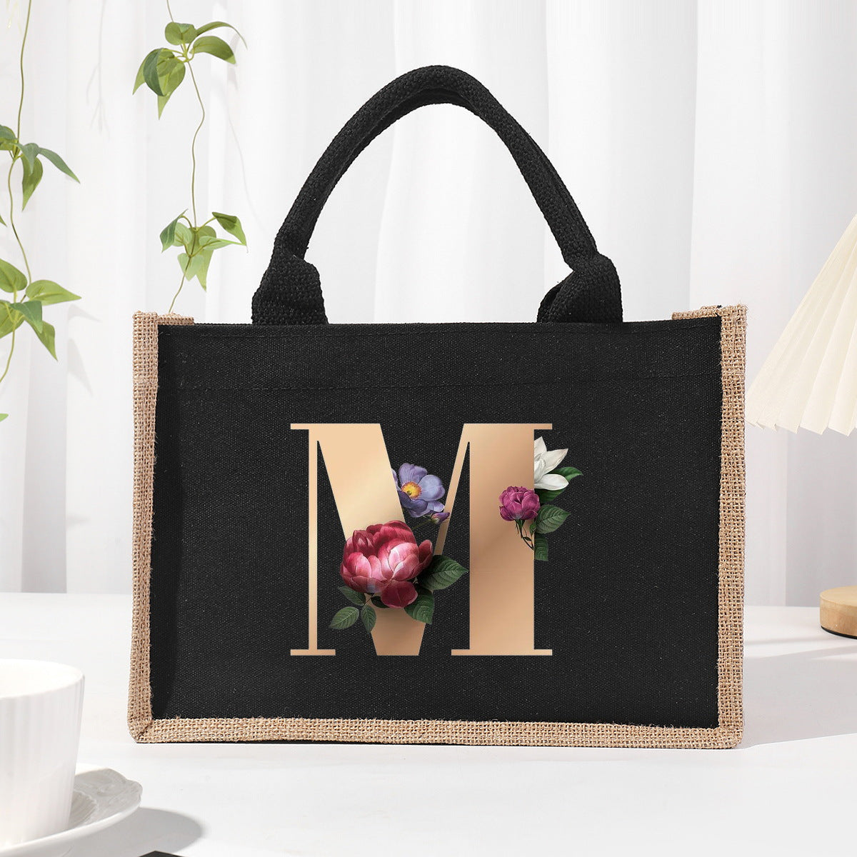 Cotton and linen canvas tote bag, printed letter tote bag, portable light handbag, gift shopping bag - SJB-DIAMOND ELITES