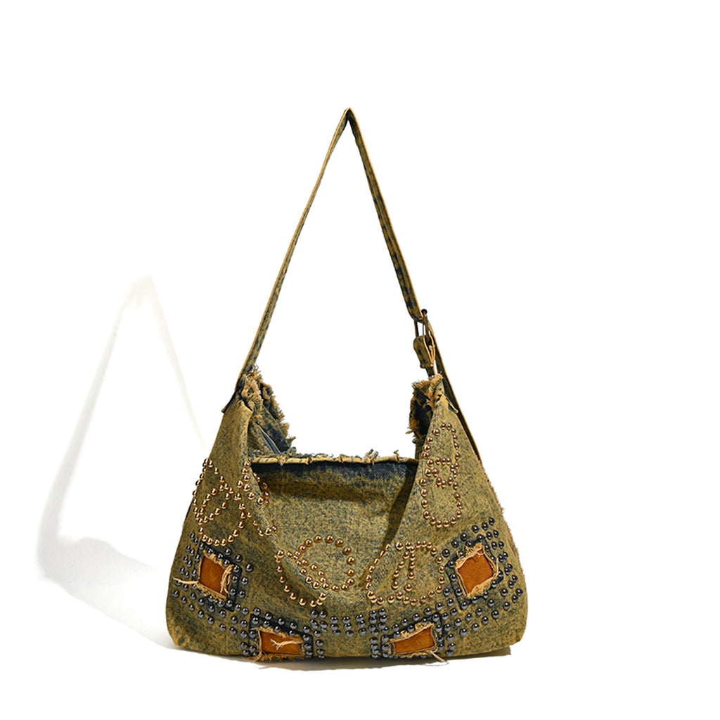 Large capacity hobo shoulder tote bag, retro denim bag, stylish crossbody bag, rivet design shoulder bag - SJB-DIAMOND ELITES
